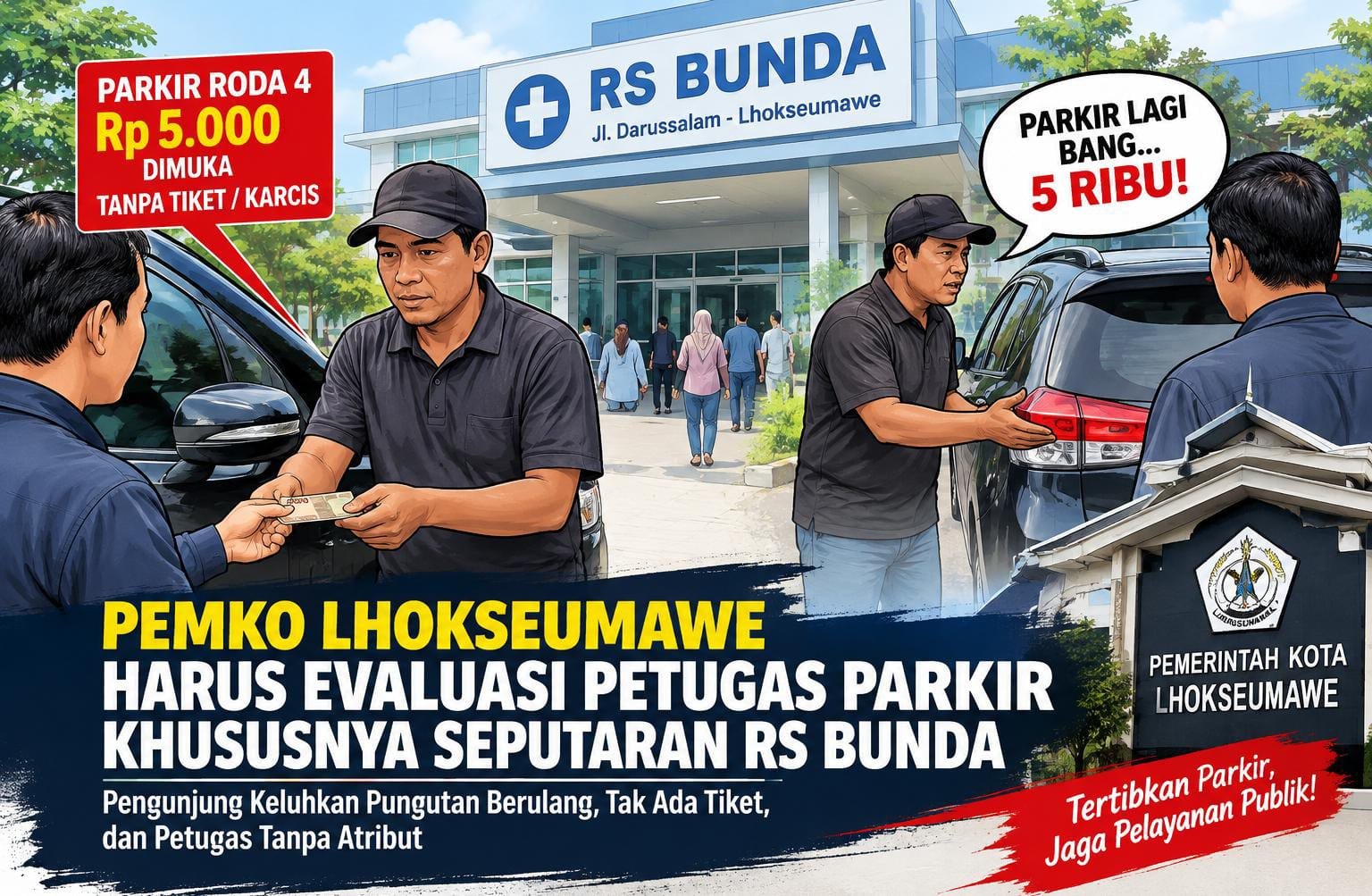 Pemko Lhokseumawe Diminta Evaluasi Petugas Parkir di Sekitar RS Bunda, Pengunjung Keluhkan Pungutan Berulang